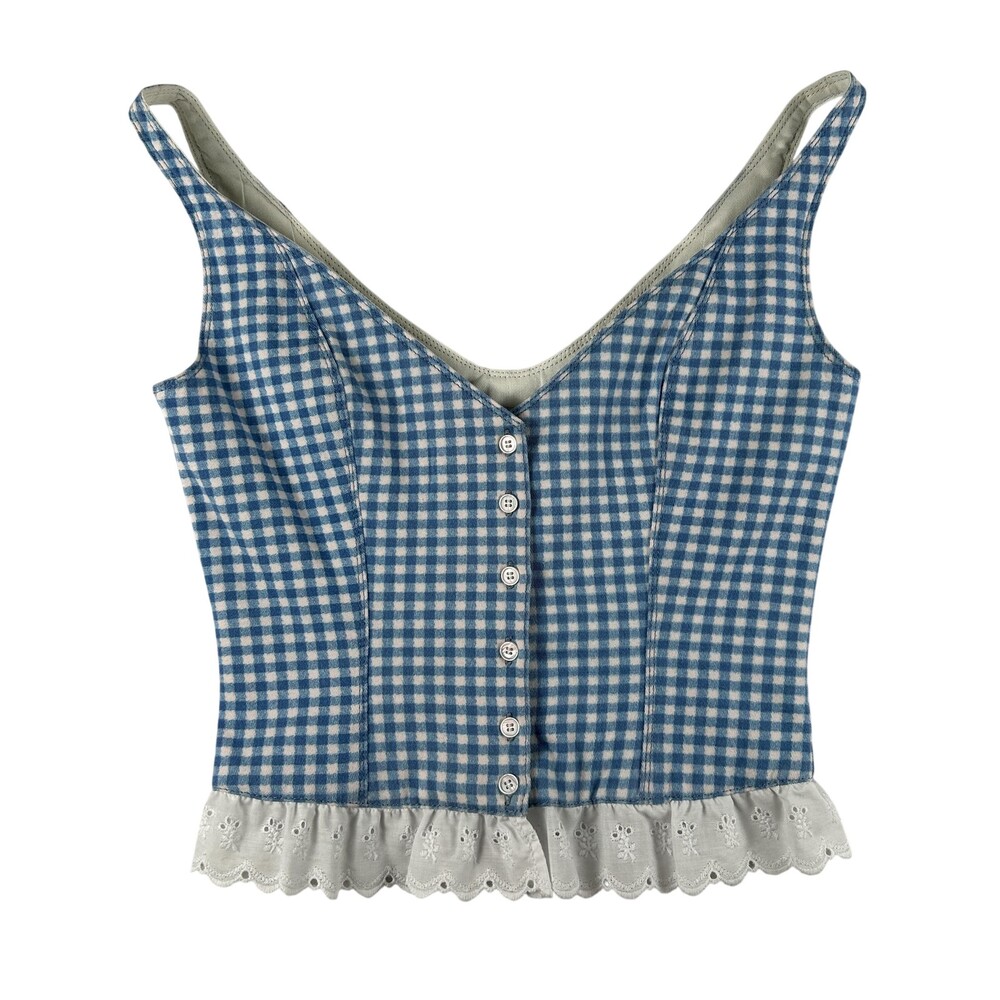 Ãtica Tank Top Womens Small Blue Gingham Button Front Eyelet Ruffle Crop Hem